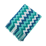 NNEAGS 220cm Blue Zigzag Striped Throw Blanket Acrylic Wave Knitted Fringed Woven Cover Couch Bed Sofa Home Decor