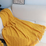 NNEAGS 2X Yellow Diamond Pattern Knitted Throw Blanket Warm Cozy Woven Cover Couch Bed Sofa Home Decor with Tassels