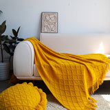 NNEAGS Yellow Diamond Pattern Knitted Throw Blanket Warm Cozy Woven Cover Couch Bed Sofa Home Decor with Tassels
