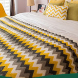 NNEAGS 2X 170cm Yellow Zigzag Striped Throw Blanket Acrylic Wave Knitted Fringed Woven Cover Couch Bed Sofa Home Decor
