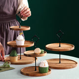 NNEAGS 15cm 2 Tier  Brown Round Wooden Acacia Dessert Tray Cake Snacks Cupcake Stand Buffet Serving Countertop Decor