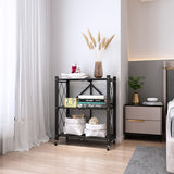 NNEAGS 3 Tier Steel Black Foldable Kitchen Cart Multi-Functional Shelves Portable Storage Organizer with Wheels