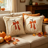 2pcs Plush Pumpkin Bow Decorated Pillow Covers 45.72x45.72 cm, Huge Pumpkin Bow Decorated Pillowcases, Soft and Comfortable, Suitable for Thanksgiving, Halloween and Christmas Home Sofa Bed Decoration (pillow Core Not Included)