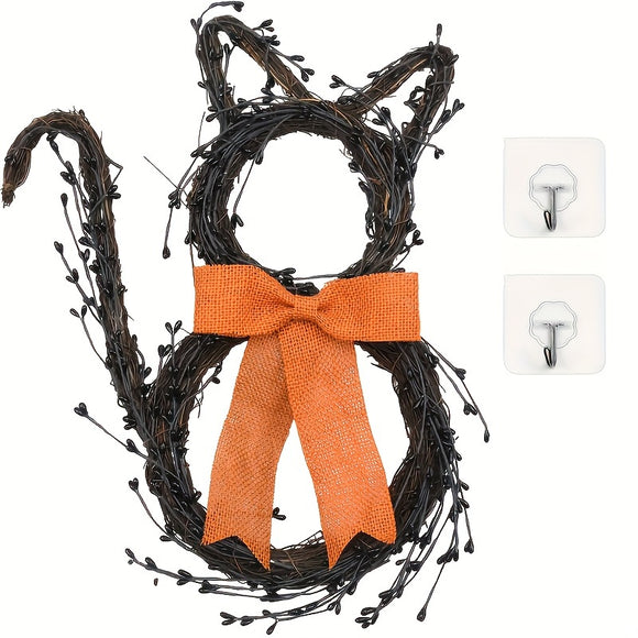NNETM Black Cat Silhouette Twig Wreath Halloween Decoration