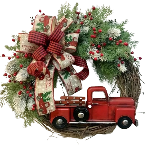 NNETM Charming Vintage Red Truck Christmas Wreath - Festive House Décor