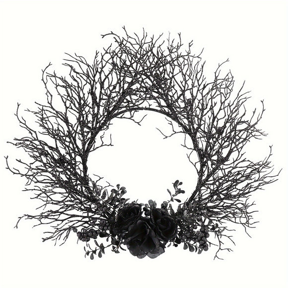 NNETM Halloween Deadwood Wreath Black Roses Wall Hanging