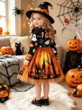 Cute Elegant Halloween Christmas Orange Straight Long Sleeve Cartoon Cute Ghost Pumpkin And Other Patterns Forest Cartoon Pattern Mesh Skirt New Autumn Winter Dress Suitable for Holidays Vacation Daily Wear Party Banquet Performance Gradu