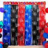 Spider Birthday Party Decoration, 1/2/4 Pack Spider Web Printing Red Black Blue 100.58 X 201.17cm Foil Fringe Streamers Tinsel Photo Booth Props Streamers Backdrop for Spider Party Supplies, Halloween Decorations & Christmas Decorations