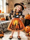 Cute Elegant Halloween Christmas Orange Straight Long Sleeve Cartoon Cute Ghost Pumpkin And Other Patterns Forest Cartoon Pattern Mesh Skirt New Autumn Winter Dress Suitable for Holidays Vacation Daily Wear Party Banquet Performance Gradu