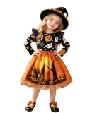 Cute Elegant Halloween Christmas Orange Straight Long Sleeve Cartoon Cute Ghost Pumpkin And Other Patterns Forest Cartoon Pattern Mesh Skirt New Autumn Winter Dress Suitable for Holidays Vacation Daily Wear Party Banquet Performance Gradu