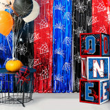 Spider Birthday Party Decoration, 1/2/4 Pack Spider Web Printing Red Black Blue 100.58 X 201.17cm Foil Fringe Streamers Tinsel Photo Booth Props Streamers Backdrop for Spider Party Supplies, Halloween Decorations & Christmas Decorations