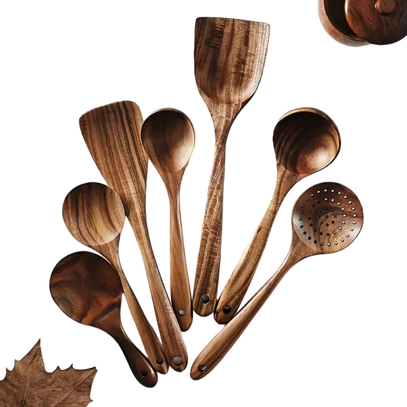 NNETM 7-Piece Natural Teak Wooden Spoons for Cooking Set