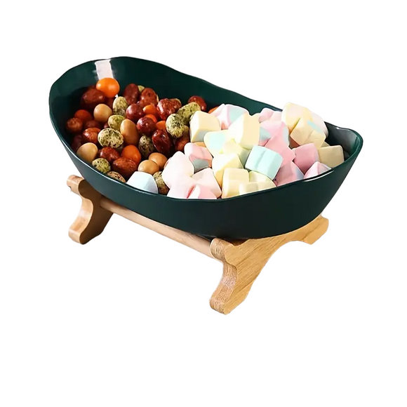 NNETM Light Luxury 1-Layer Fruit Bowl with Wooden Stand - Green