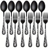 12-Piece Gothic Black Dessert Spoon & Fork Set - Stainless Steel Skull & Rose