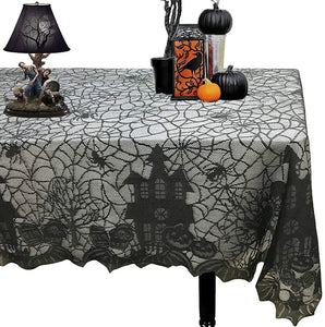 NNEOBA Halloween Lace Tablecloth – Rectangular Haunted House & Pumpkin Design