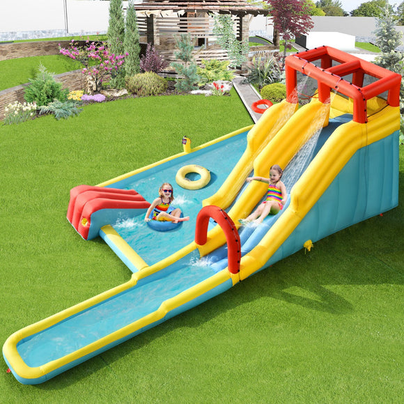 NNECW 7 in 1 Inflatable Water Park Dual Long Slide Jumping Bounce House with Blower