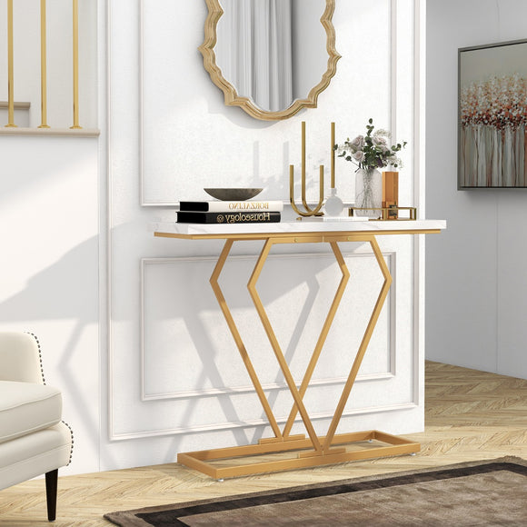 NNECW 100 cm Gold Faux Marble Console Table with Diamond Shape Frame