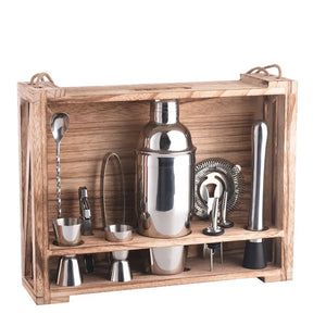 NNEOBA 11PC Bartender Cocktail Shaker Mixer Kit with Wooden Shelf