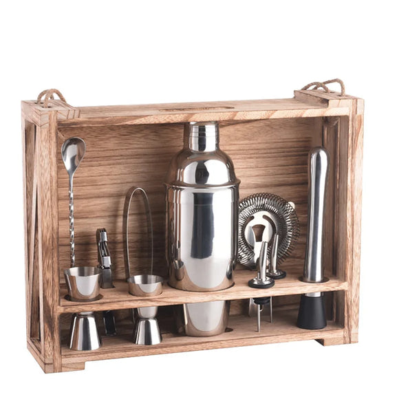 NNEOBA 11PC Bartender Cocktail Shaker Mixer Kit with Wooden Shelf