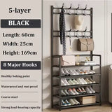 Multifunctional Free-Standing Coat and Shoe Rack Organizer with Storage Shelves and Hooks