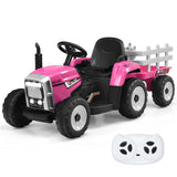 NNECW 12V Kids Ride On Tractor with Trailer and Remote Control-Pink