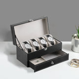 Luxury Carbon Fiber Watch Display Box with Jewelry Drawer – 4-Slot Watch Organizer