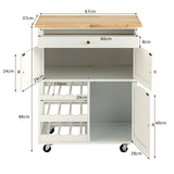 NNECW Rolling Kitchen Cart with 3 Tier Wine Racks and Cupboards-White
