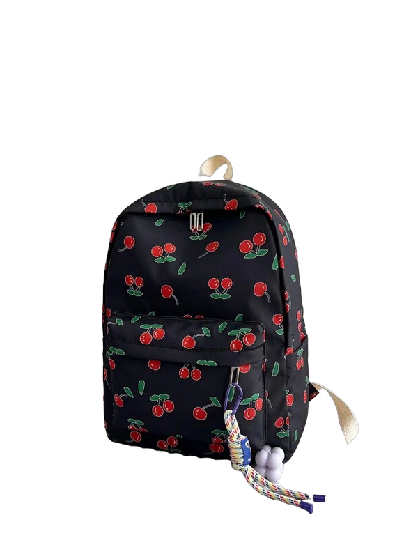 NNESN Chic and Functional Waterproof Black Cherry Print Backpack with Bag Charm