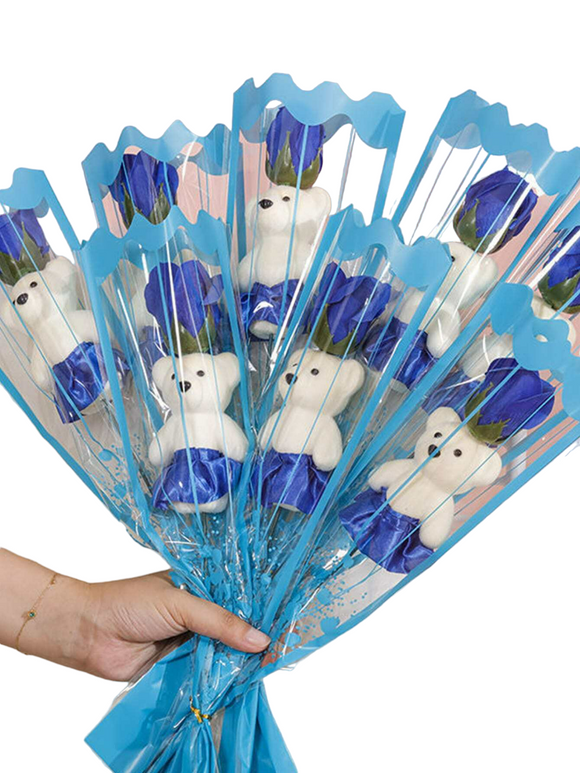 NNESN 10-Piece Blue Artificial Bear Soap Roses Bouquet - 46cm
