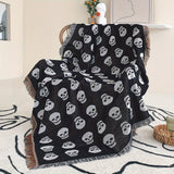 NNETM Cozy Bohemian Blanket with White Skull Print & Tassel Trim