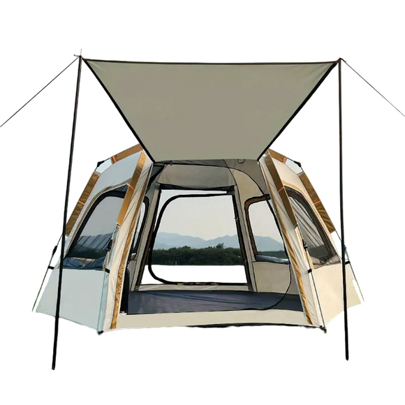 NNETM Hexagonal Fiberglass Pole Camping Tent - Silvery Glue Beige, 4-Person Capacity