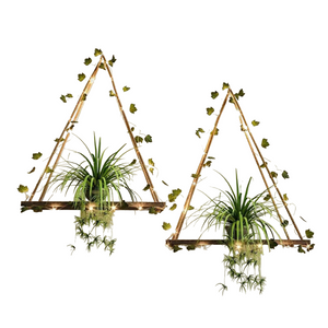 NNESN Rustic Wood Macrame Shelves with 2pcs Artificial Ivy and LED-Strip | Boho Wall Hanging Décor
