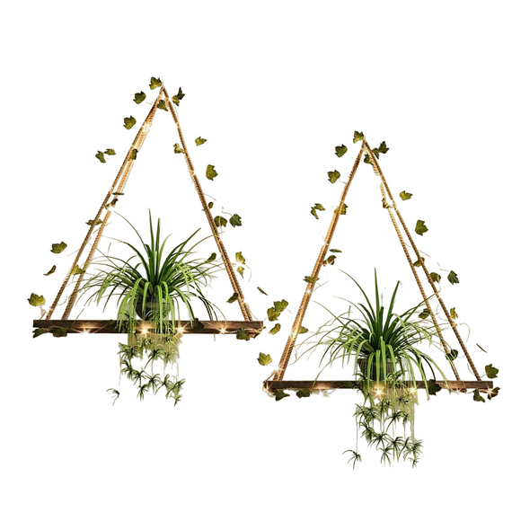 NNESN Rustic Wood Macrame Shelves with 2pcs Artificial Ivy and LED-Strip | Boho Wall Hanging Décor