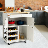 NNECW Rolling Kitchen Cart with 3 Tier Wine Racks and Cupboards-White