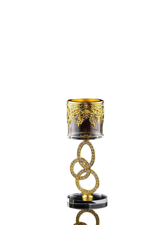 NNESN 1pc Elegant Crystal & Glass Candle Holder with Diamond Inlaid - Medium Gold