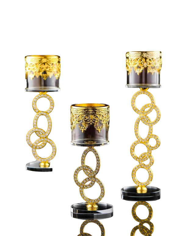NNESN Elegant Crystal & Glass Candle Holder with Diamond Inlaid - Medium Gold