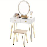 NNETM Elegant White Dressing Table Stool Set with LED Oval Mirror