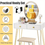 NNETM Elegant White Dressing Table Stool Set with LED Oval Mirror