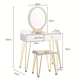 NNETM Elegant White Dressing Table Stool Set with LED Oval Mirror