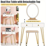 NNETM Elegant White Dressing Table Stool Set with LED Oval Mirror