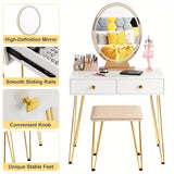 NNETM Elegant White Dressing Table Stool Set with LED Oval Mirror