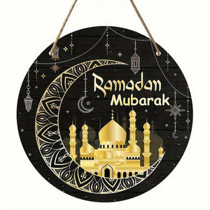 NNETM Wooden Ramadan Mubarak Sign Round Wreath Decor