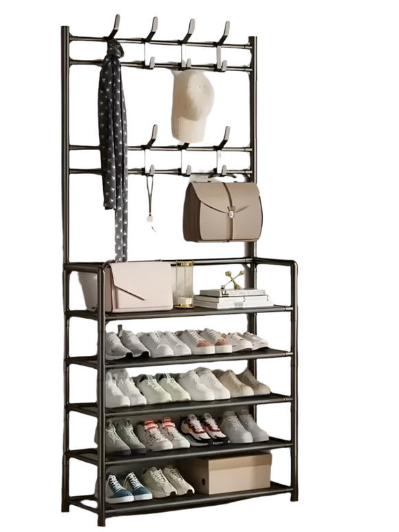Multifunctional Free-Standing Coat and Shoe Rack Organizer with Storage Shelves and Hooks