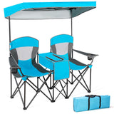NNECW Double Folding Camping Chair with Canopy and Armrests-Blue