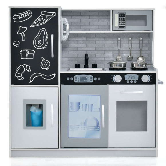 NNECW Pretend Play Kitchen with Accessories and Simulated Sounds-White