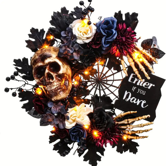 NNETM Eerie Illuminations: Skull Wreath with Spider Web and LEDs