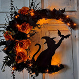 NNETM Halloween Witch Cat Moon Wreath Door Decor