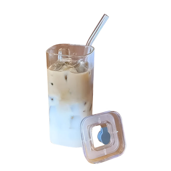 NNEOBA Glass Coffee Mug with Lid & Straw