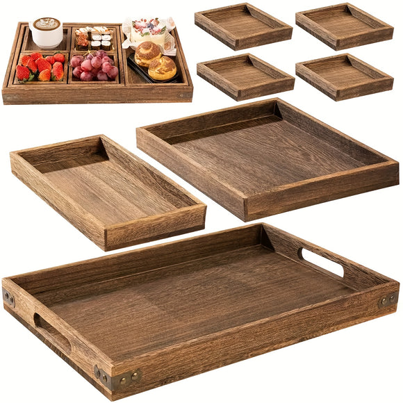 NNETM Rustic Wooden Tray Set with Handles (7pcs)