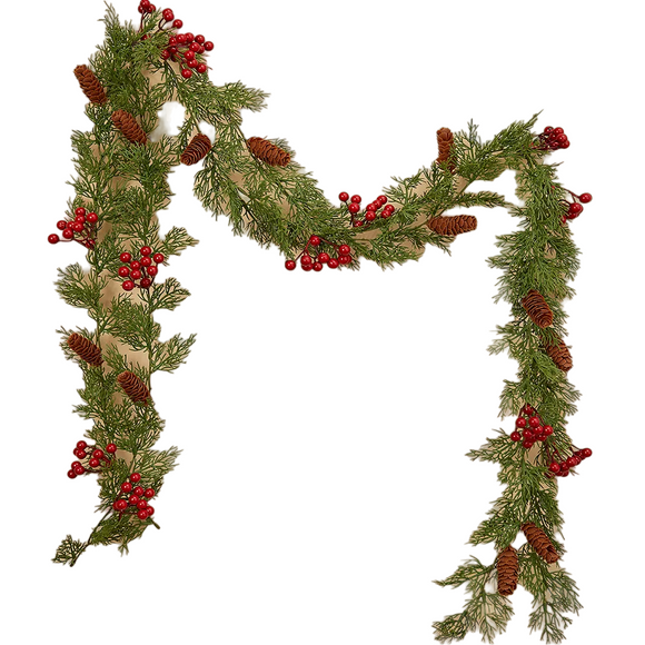 NNEOBA Handcrafted 2M Christmas Pine Vine Garland with Red Berries Rattan